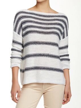 Vince Linen Knit Long Sleeve White Black Stripe Pullover Sweater Size Large